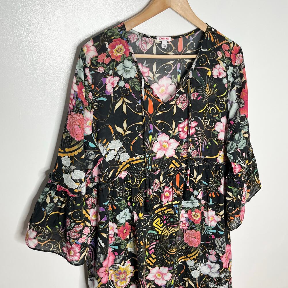 Johnny Was Womens Peace Ruffle Tiered Dress Medium Black Floral V Neck Boho - Picture 6 of 12